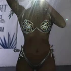 Комплект бикини с вырезами Женский, карнавальный бюстгальтер со стразами, пикантные трусики для ночного клуба, праздничный комплект бикини, костюм горящего мужчины, 3 цвета