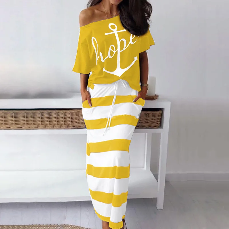 01 Yellow Set Dress VIEUNSTA S-5XL, Женский Топ с открытыми плечами и юбка, комплект из двух предметов, платье, осенняя блузка с рукавами летучая мышь, рубашка, Полосатое платье с карманами и принтом - Цвет: 01 Yellow Set Dress