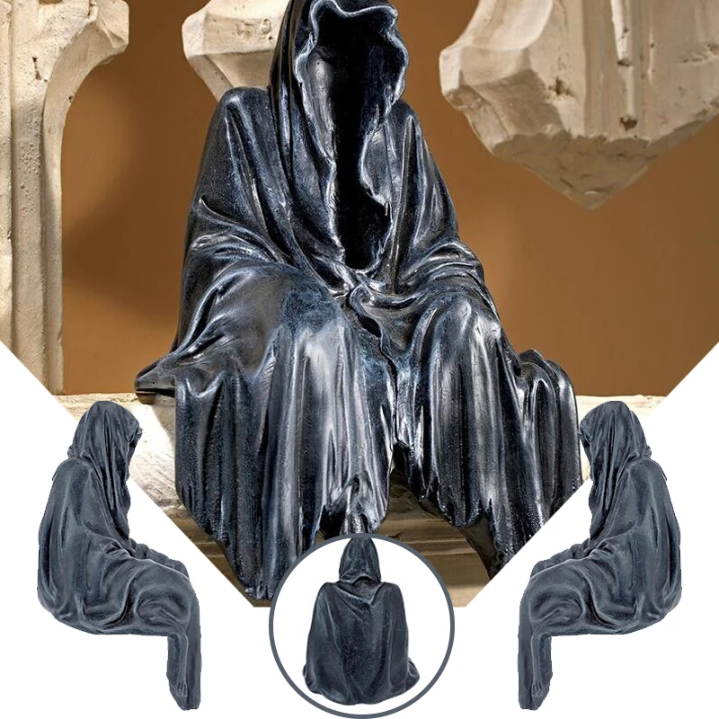 Gothic Nightcrawler Statue Sitting Thriller in Black Robe Decorative Dark Cloak Mysterious Master Ornament for Home GQ