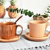 coffee tea mug beer watter bottle cup spoons beech wood coffee cup solid wooden cup plate coaster with handle