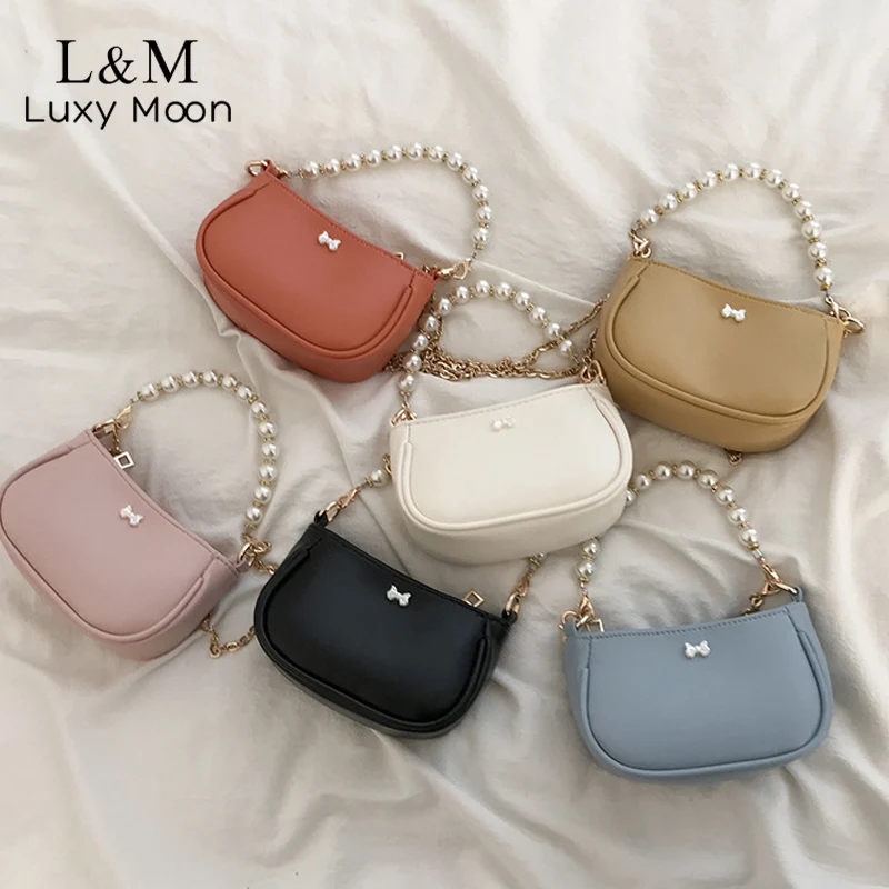 

Сумка через плечо женская, с жемчужными бусинами, на цепочке, однотонная, X434H, 2021