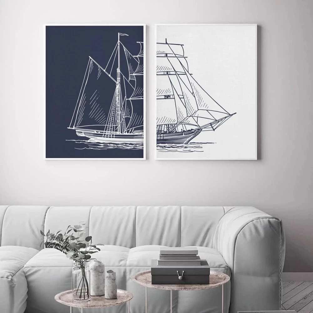 

Nordic Line Painted Sailing Posters Nautical Boat Frameless Canvas Painting Wall Art Prints Artwork Living Room Home Decor