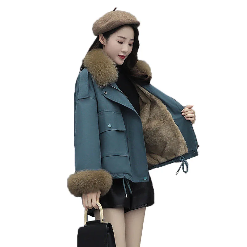 Fashion Women's Coat New 2020 Autumn Winter Coats Parkas Short Faux Fox Fur Collar Lamb Down Thicken Warm jackets blue  Outwer