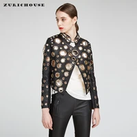 zurichouse streetwear leather jacket women personality rivet metal circle hollow out design real cowhide short moto biker jacket