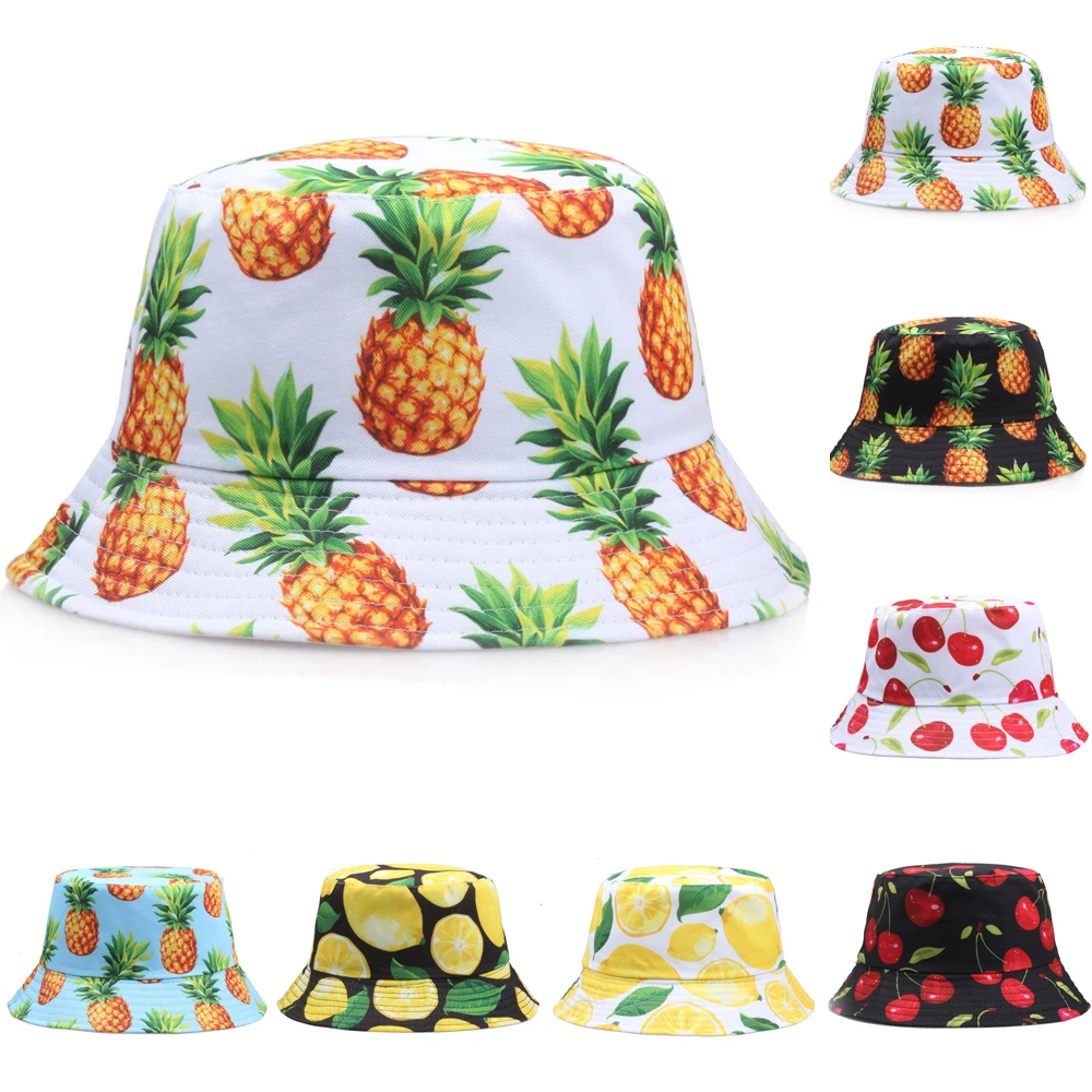 

Pineapple Printed Double-Sided Bucket Hats For Women Men Lemon Cherry Fruit Summer Panama Cap Sun Fishing Bob Fisherman Hat Bone