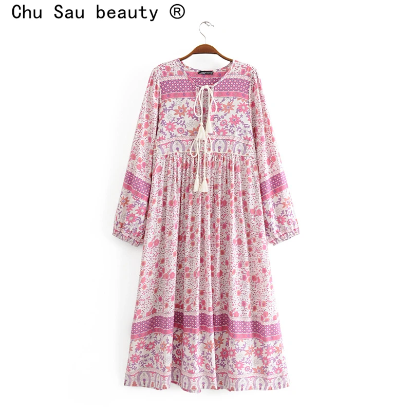 Платье Макси женское с цветочным принтом бантом и кисточками|Женские платья| |
