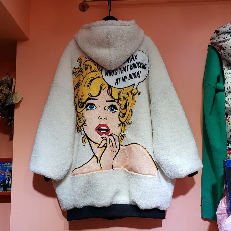 Свободное Полосатое длинное пальто с капюшоном и героями мультфильмов обеих