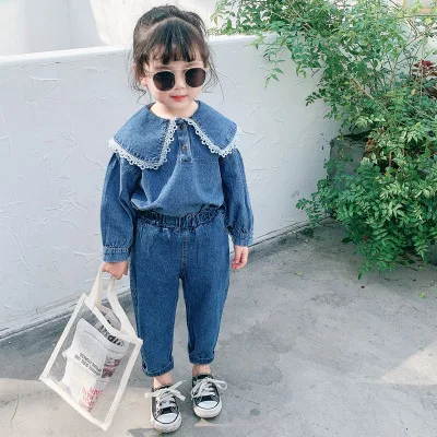 От 3 до 7 лет для маленьких девочек однотонный кружевной джинсовый костюм из двух