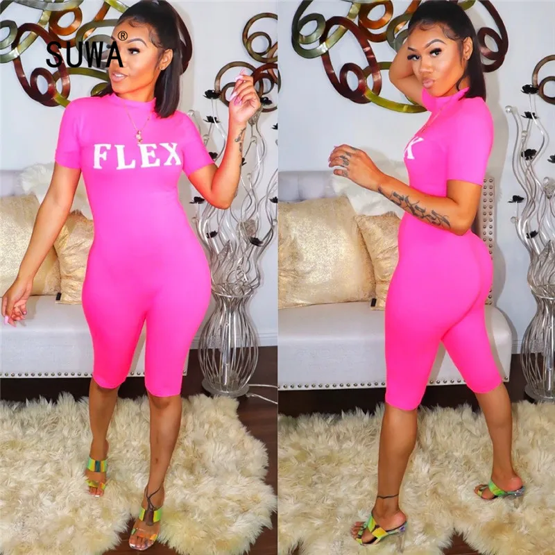 

FLEX Letter Print Skinny Knee-length Jumpsuit Hot Sale Summer Streetwear Casual Sexy Sport Wear Playsuit Women's Overalls