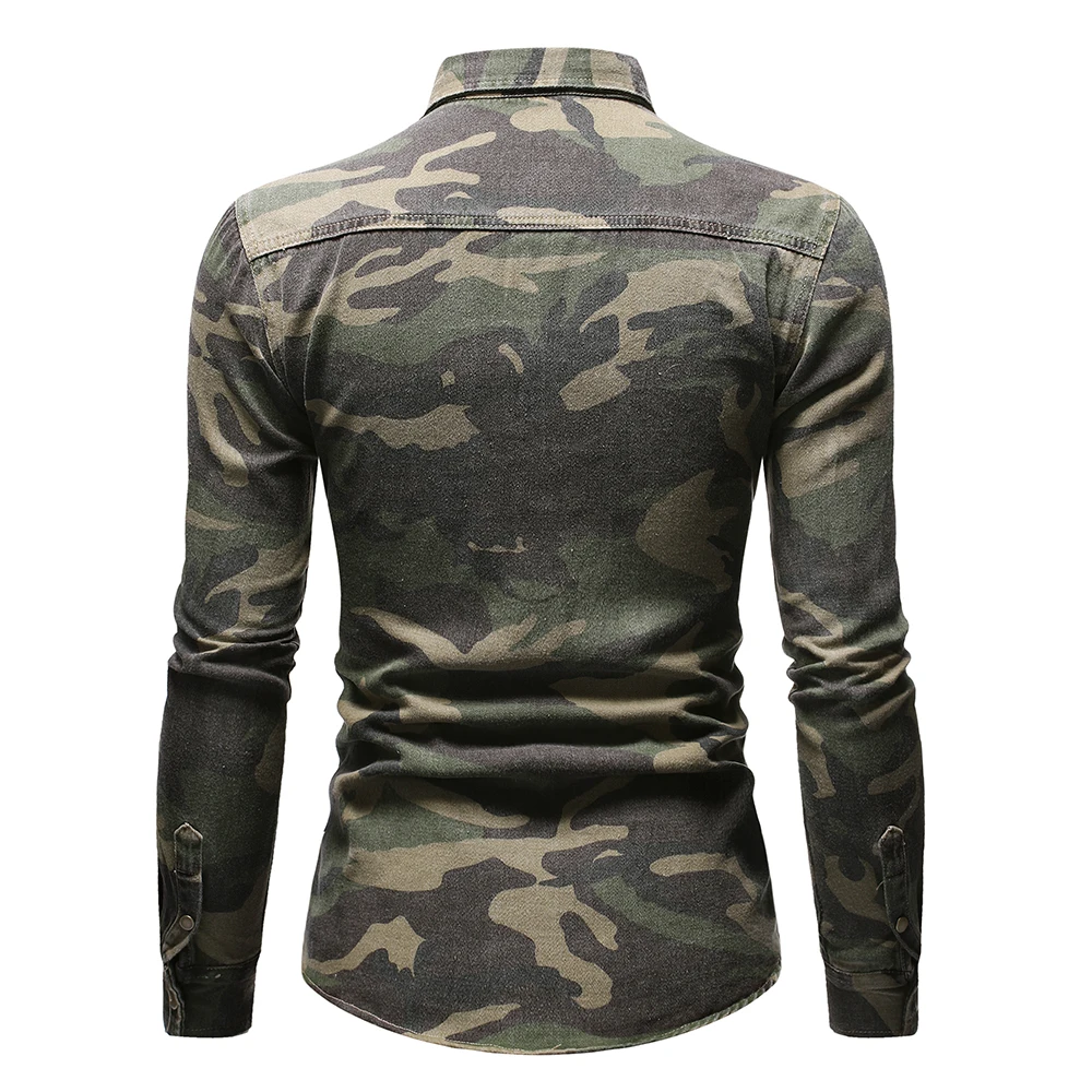 

Tough Guy Style Army Green Camouflage Denim Shirt Long Sleeve Hombre Outdoor Climbing Jean Tops High Quality Cotton Cowboy Shirt