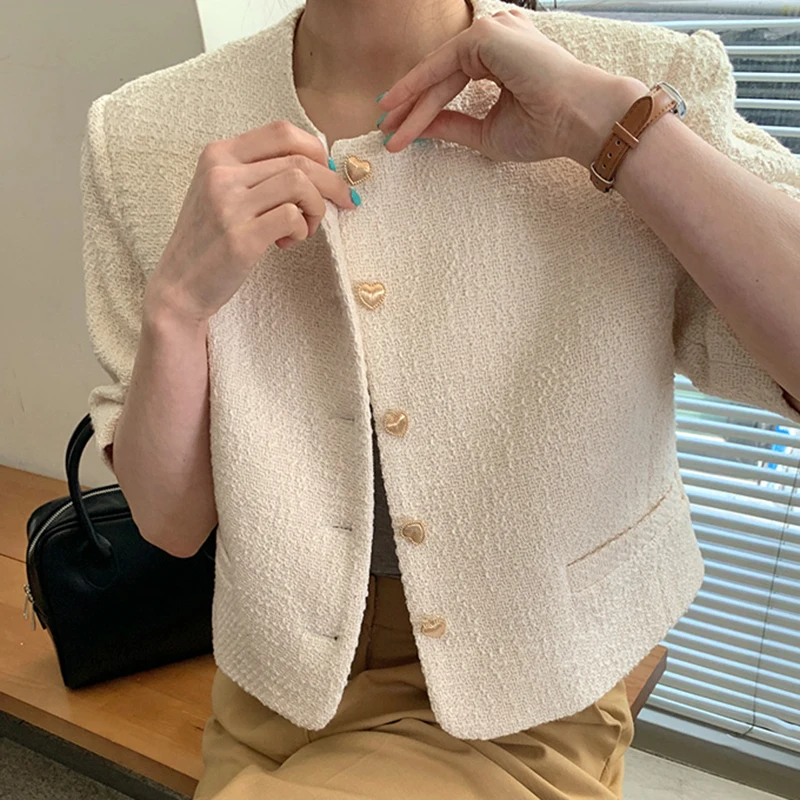

Women Jacket 2021 Summer Korean Chic Ladies Gentle Round Neck Love Buttons Loose Casual Short-Sleeved Tweed Jackets