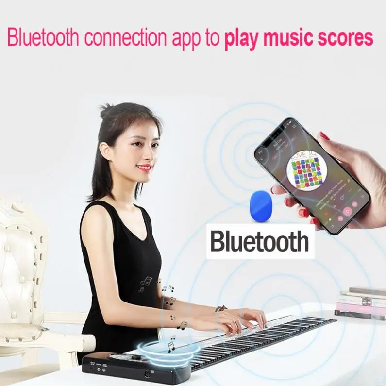88 Keys MIDI RollUp Piano Rechargeable Electronic Silicone Flexible Keyboard Organ Built-in Speaker Support Bluetooth-compatible