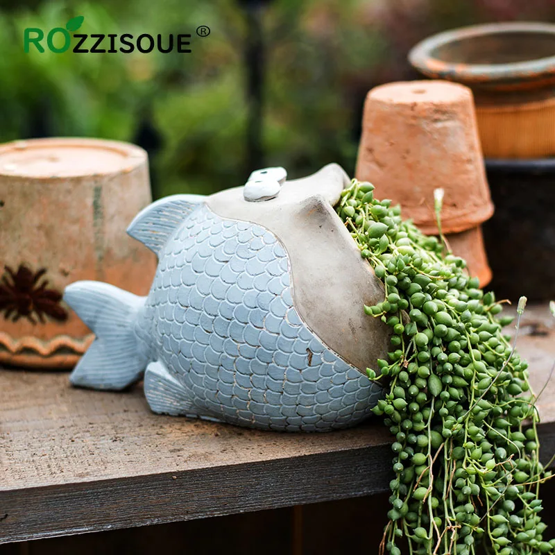 Милый большой рот цветочный горшок с рыбами цементные плантаторы для растений