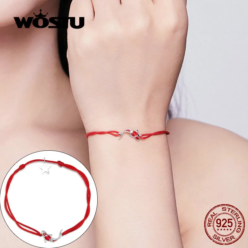 WOSTU 100% Серебро 925 пробы Серебряное пустое сердце любовь красная веревочная цепь