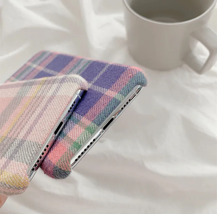 

Warm Flannel Plaid Cloth Phone Case for Iphone 11 Pro X Xr Pink Fabric Plush Case for Iphone Xsmax 7 6 8plus Soft Tpu Back Cover