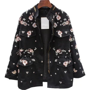 Ветровка женская демисезонная с воротником-стойкой и длинным рукавом, с цветочной вышивкой, с кулиской на талии, H489