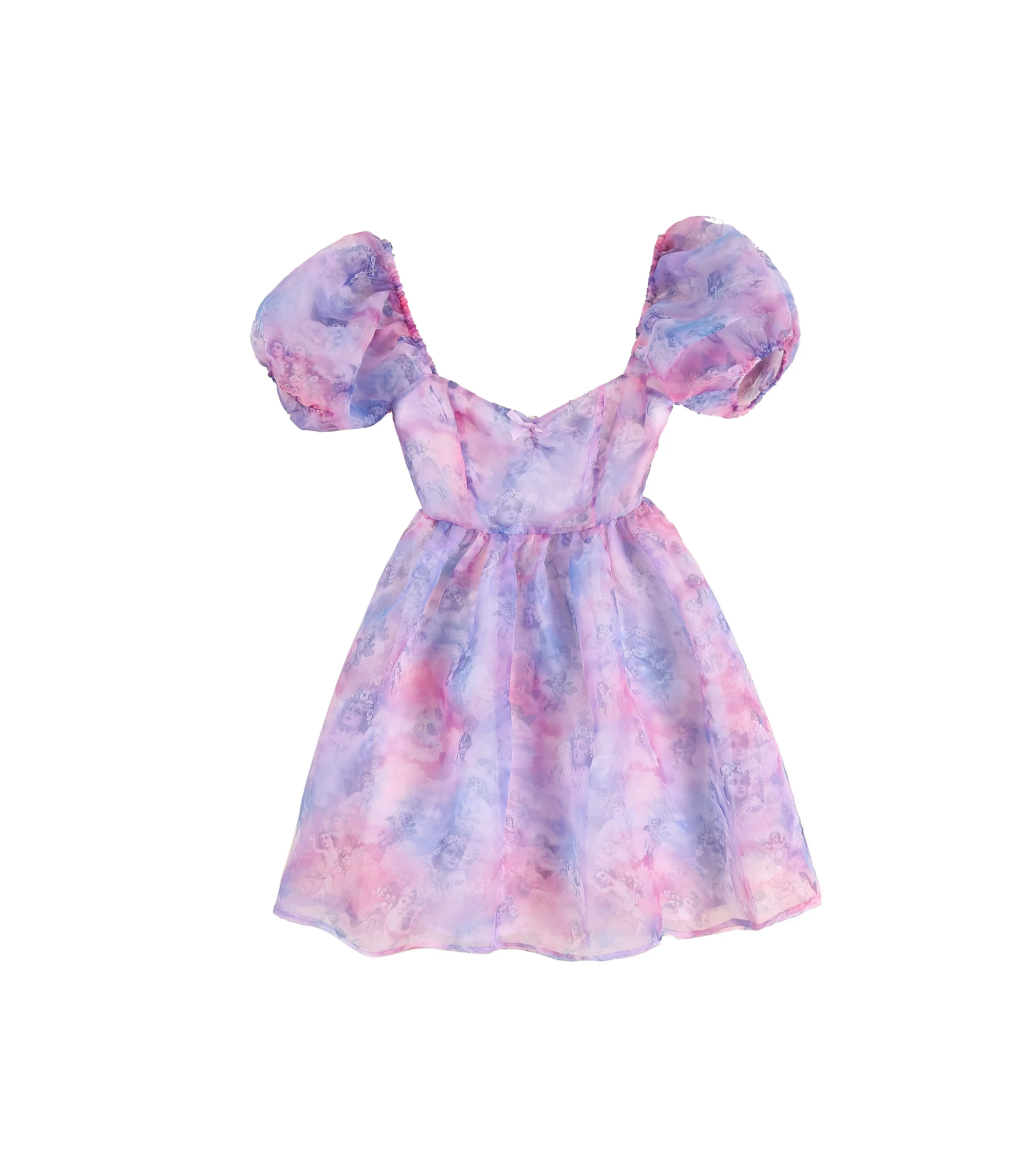 

Women's Summer Elegant Mesh Princess Short Dress Square New Dress SHENGPALAE Screen Collar Sleeve Print Runaway 5E233 Minil Dre