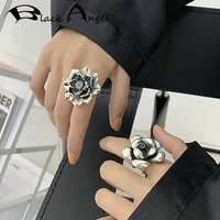 black angel vintage thai s925 silver exaggeration rose flower rings new fashion creative punk party jewelry gifts for women