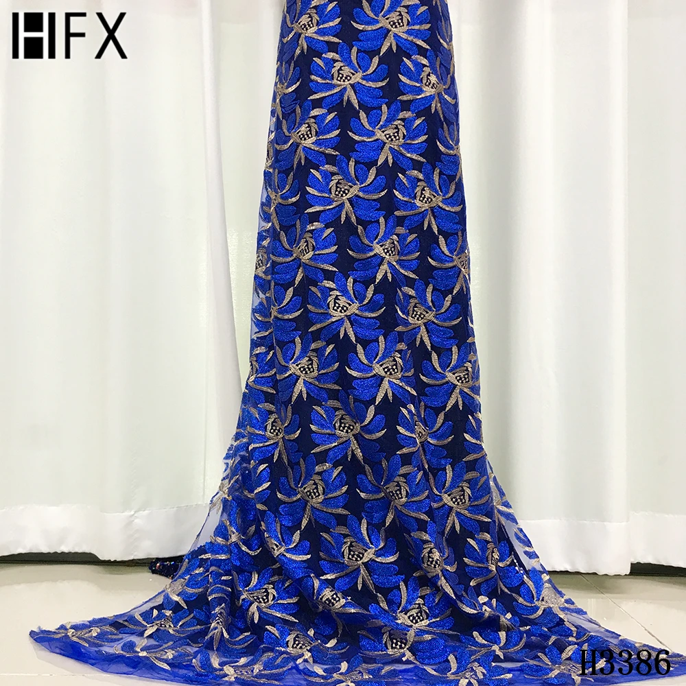

HFX Nigerian Lace sequins Fabric New blue African Net Lace French Lace Tulle Lace Material for women adress free shipping H3386