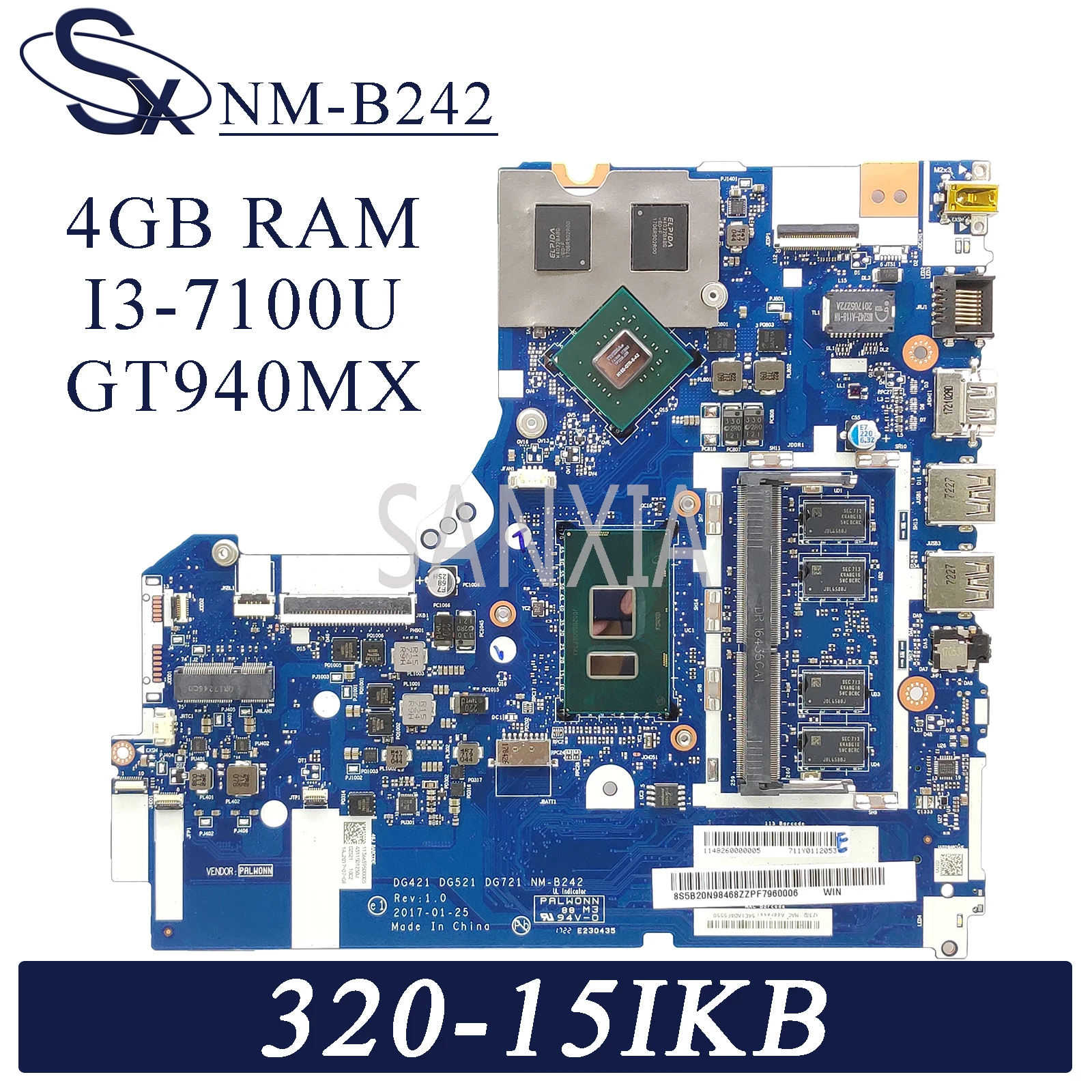 KEFU NM B242 материнская плата для ноутбука Lenovo Ideapad 320 15IKB оригинальная 4GB RAM I3 7100U