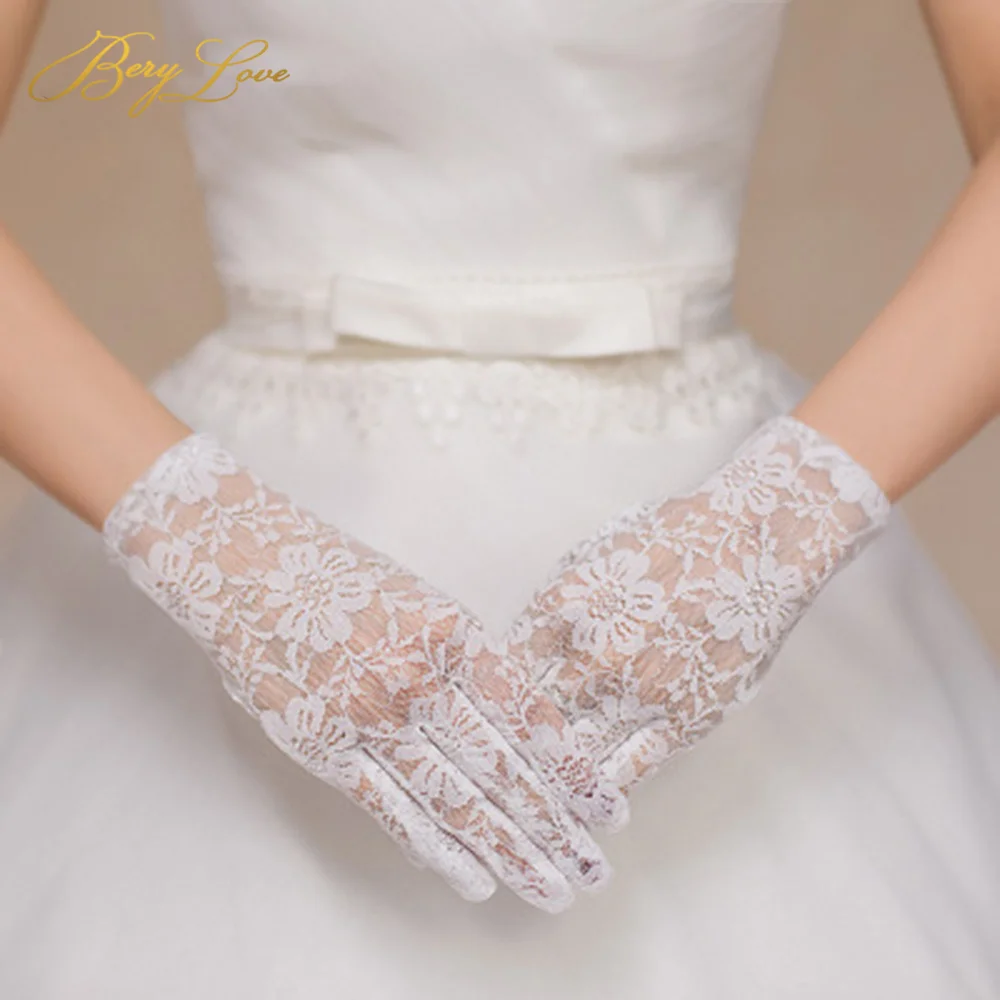 

Berylove White Appliques Gloves Women Bridal Lace Wrist Length Full Finger Lace Wedding Accessories