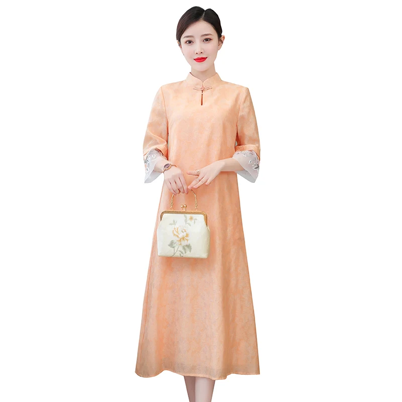 

COIGARSAM 4XL Plus Size Chinese Style Loose Women dress Cheongsam Embroidery Dresses Pink Green 8225