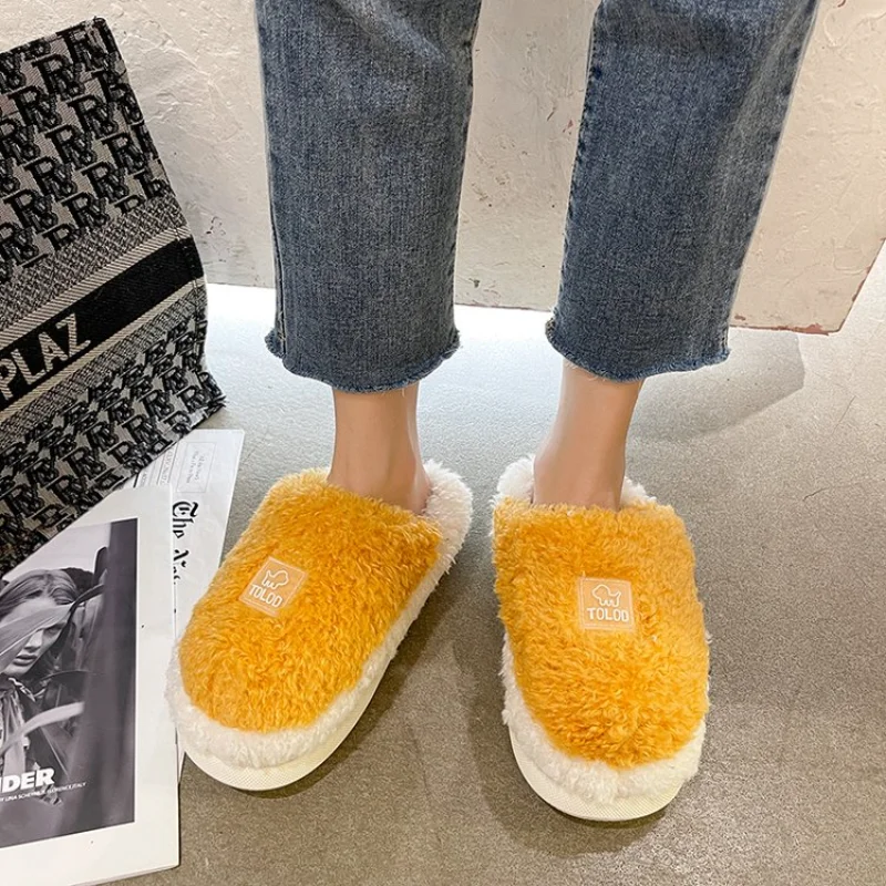 

2021 Style Winter Warm Sweet Fur Slippers Flats Plush Shallow Flip Flops Fashion Walking Cozy Slides Casual Designer Plus Size45