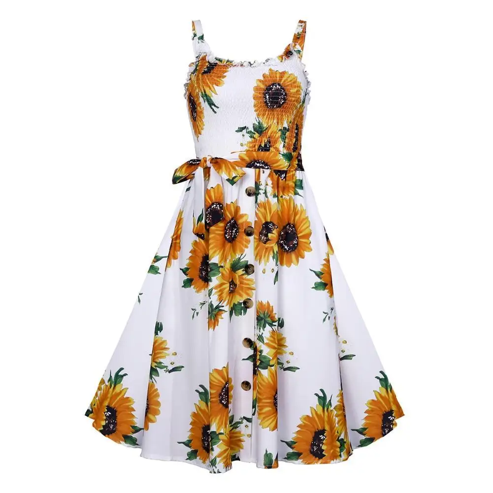 Женское платье на бретелях спагетти летнее до середины икры с цветочным принтом