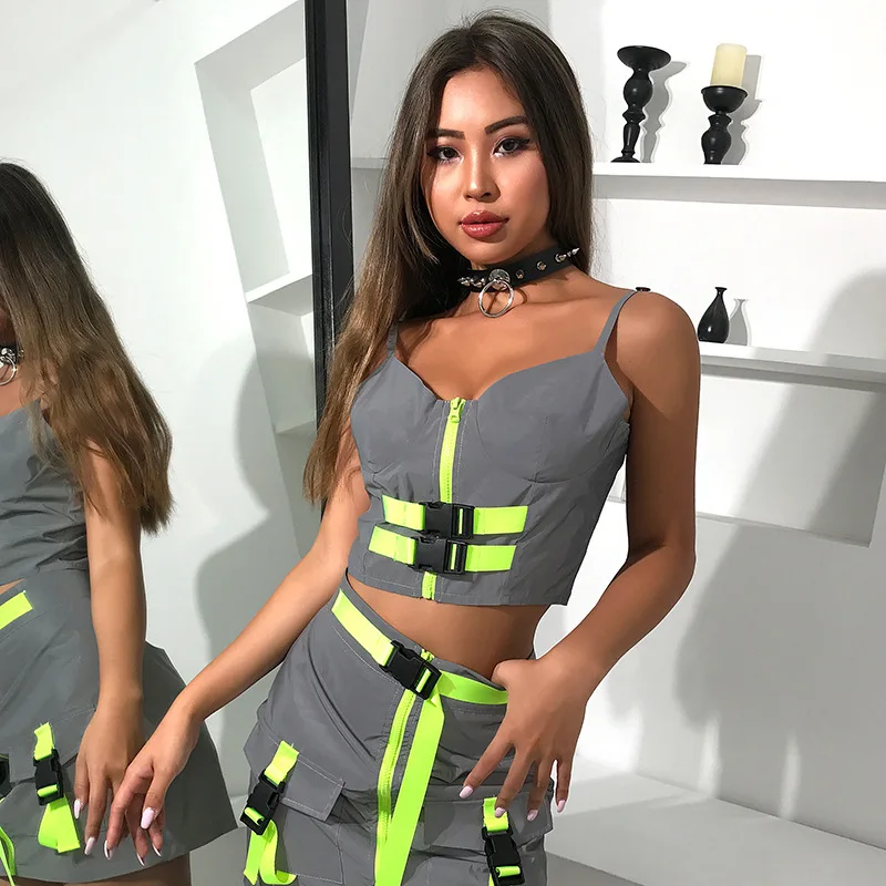 Gray Neon Reflective Suit for Women Outfits Matching Zip 2 Piece Set Sexy Club Trapless Crop Top and Skirt Summer Clothing