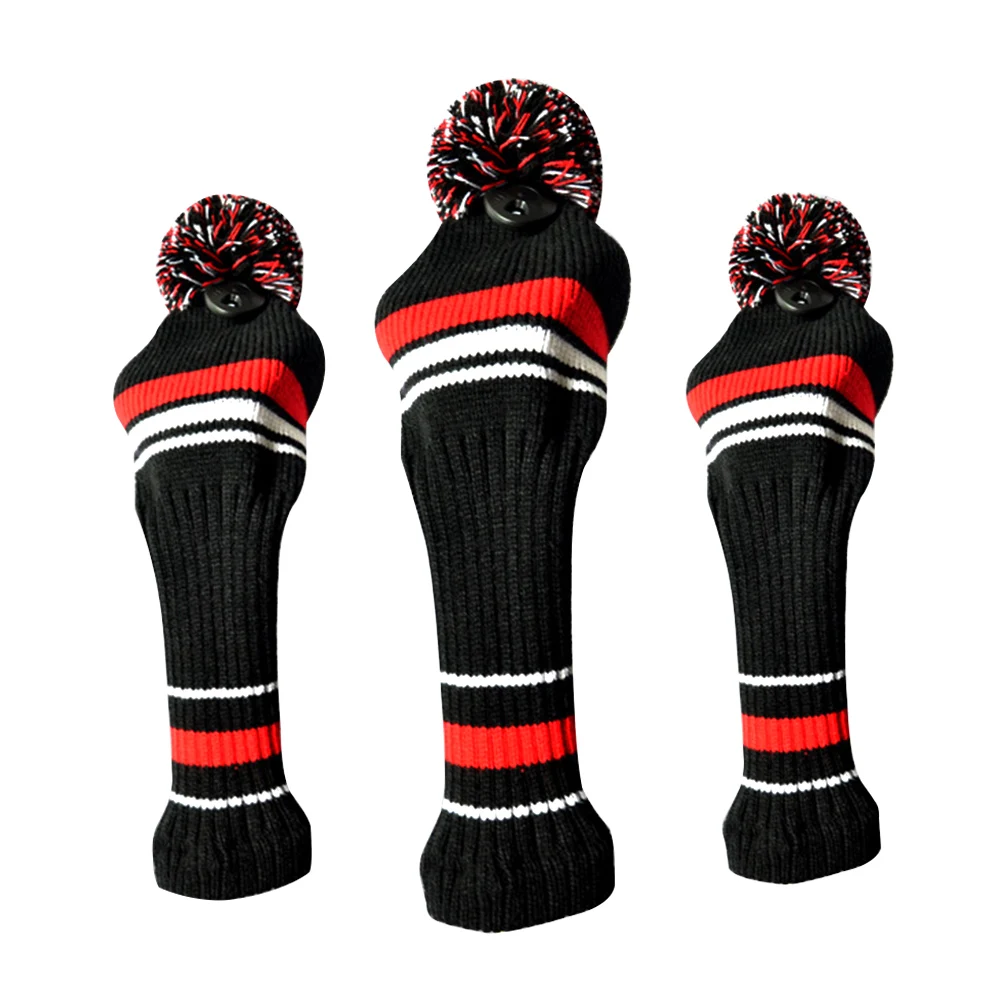 

3pcs Protective Accessories Golf Headcover Set Long Neck Dustproof Washable Big Pom Pom Sports Soft Knitted For Driver Golf