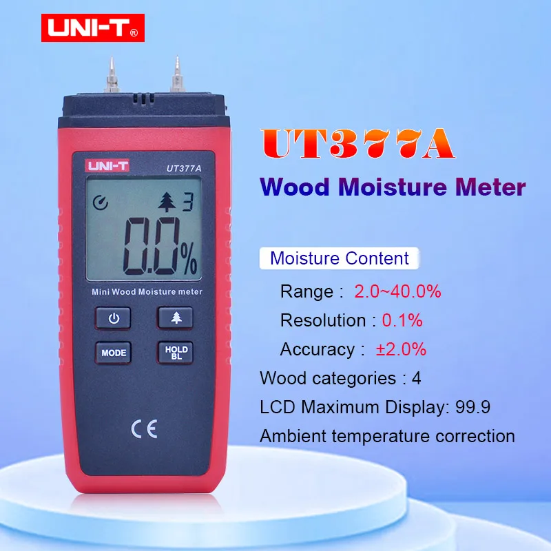 

UNI-T UT377A Digital Wood Moisture Meter Hygrometer Humidity Tester for Paper Plywood Wooden Materials LCD Backlight