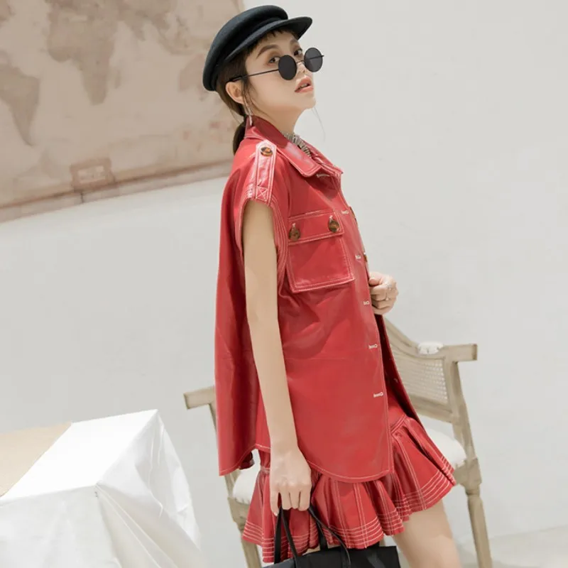 

Spring New Women Sheepskin Short Sleeve Pockets Safari Coat Casual Loose Fit Genuine Leather Jacket Motor Biker Outwear