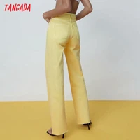 tangada 2021 fashion women yellow denim jeans pants long trousers pockets buttons female high waist trousers 4m155