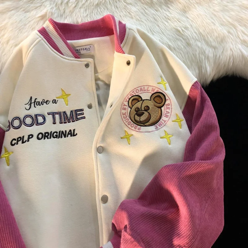 

American Retro Cartoon Bear Splicing Jackets Coat Women's Y2K Autumn Street Casual Baseball Uniform Couple Loose Wild Jacket Top