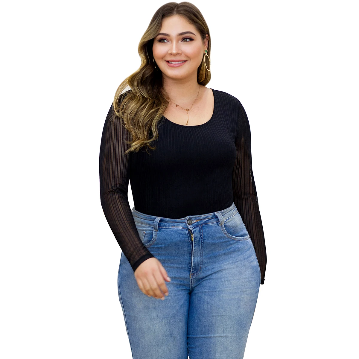 Плюс womenженская полосатая сетка длинный рукав осенний задний волнующий