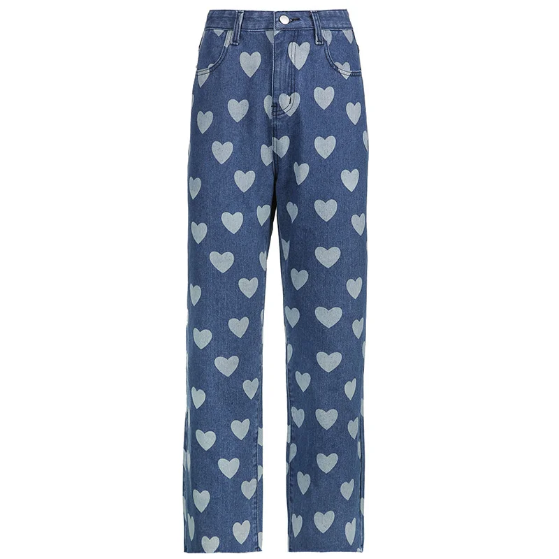 

Blue Jeans Women's Clothing Straight Long Heart Printed High Waist Baggy Jean 2021 Summer New Fashion Female Casual Denim Pants
