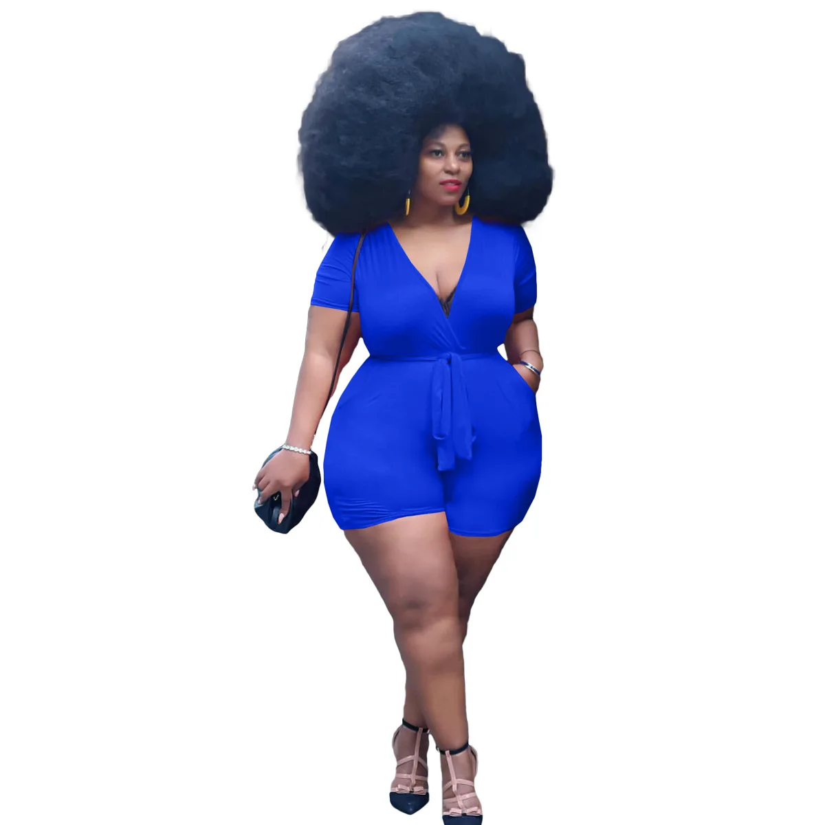 

Hot Selling Women Plus Size Sexy Clubwear Short Jumpsuits 2021 Summer Deep V-neck Short Sleeve Sashes Lace-up Skinny Rompers