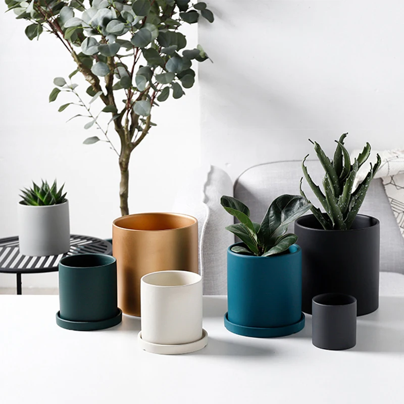 Nordic Industrial Style Colorful Ceramic Flowerpot Succulent Planter Green Plants Cylindrical Shape Flower Pot With Hole Tray | Дом и сад