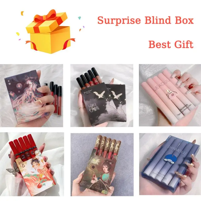 

5Colors/Sets Fashion Liquid Lipstick Set Blind Box Lipgloss Sets Natural Moisturizer Waterproof Velvet Lip Glosses Gift Box TSLM