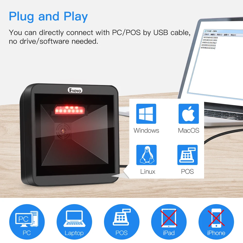 Eyoyo 2D QR Desktop Barcode Scanner infrared auto-sensing scanning decoding capability handfree supermarket big desktop scanner |
