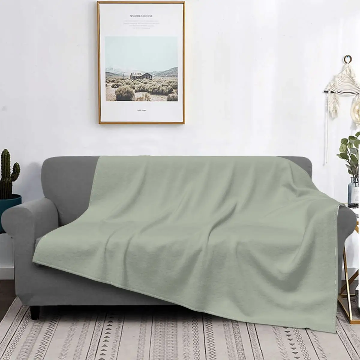Colcha de Color s&oacute;lido, alfombra a cuadros para cama, sof&aacute;, manta de lana, toalla de playa de lujo, Color gris y verde, salvia del desierto-0