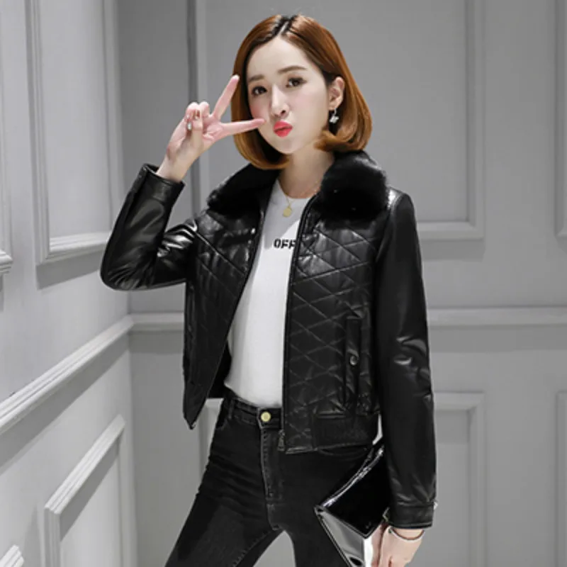 Шуба из овчины с норковым меховым воротником куртка натуральной кожи женская