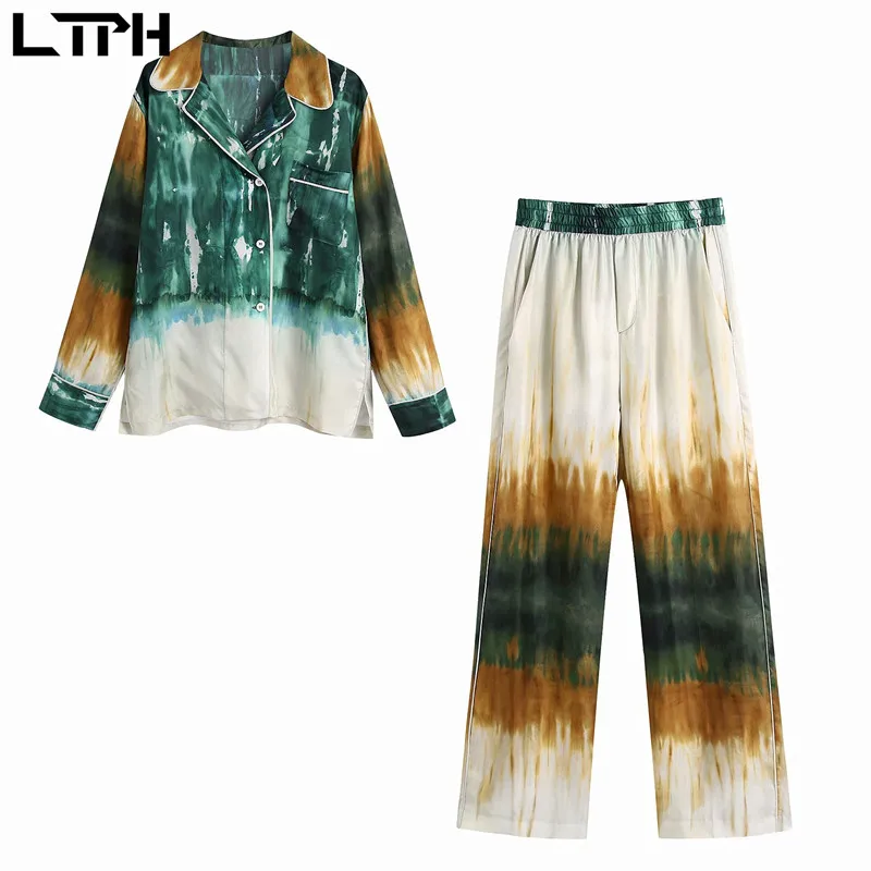 

LTPH fashion streetwear tie-dye Outfits two piece set women loose shirt high waist casual trousers Pant Sets 2021 summer new