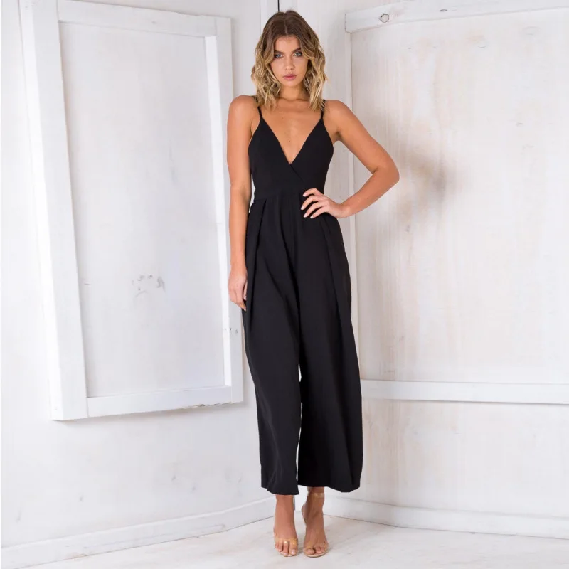 

Women's Spaghetti Strap Deep V Backless Tie Back Wide Leg Jumpsuits