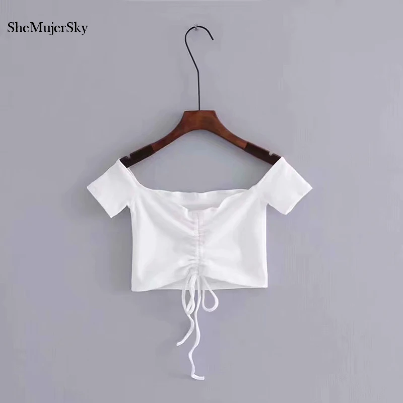 

SheMujerSky Sexy Off Shoulder Crop Top Women Drawstring Knitted Slim Tops 2020 Summer Solid Color Cropped Tops
