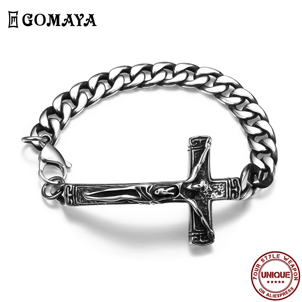 

GOMAYA Jesus Religious Cross Men Bracelet Stainless Steel Personality Simple Chain Link Bracelet Punk Style Fashion Jewelry Best