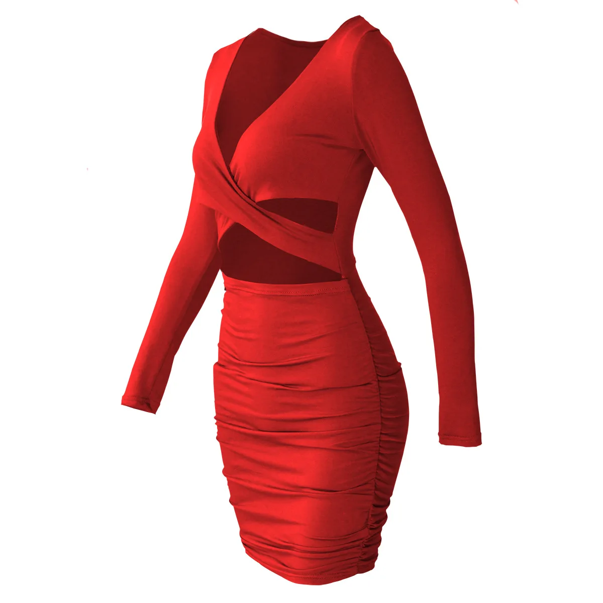 

Sexy Hollow Out Skinny Pencil Dress 2021 Autumn Women Solid Color Long Sleeve Pleated Dress European and American Clothing