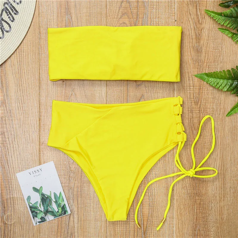 

Pure color high waist tube top sexy swimsuit summer new fashion women's split swimsuit suit ladies bikini beach women's clothing