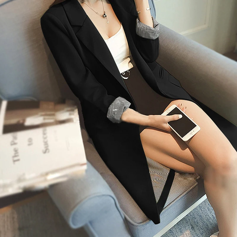 Spring Autumn Women Long Blazers Jackets High Quality Notched Jacket Blazer Suits Office Lady Casual Suit Plus Size 2020 | Женская