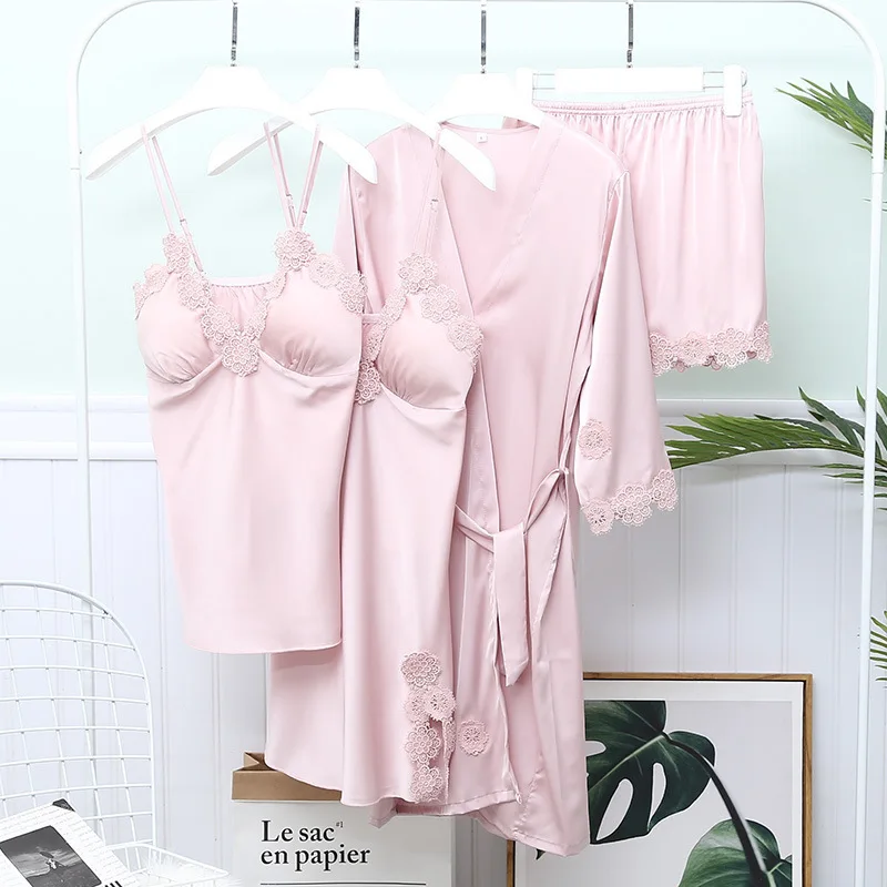 

Lisacmvpnel 4 Pcs Set Women Pajamas With Chest Pad Lace Sexy Sleepwear